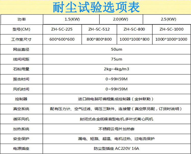 耐尘试验机参数表介绍